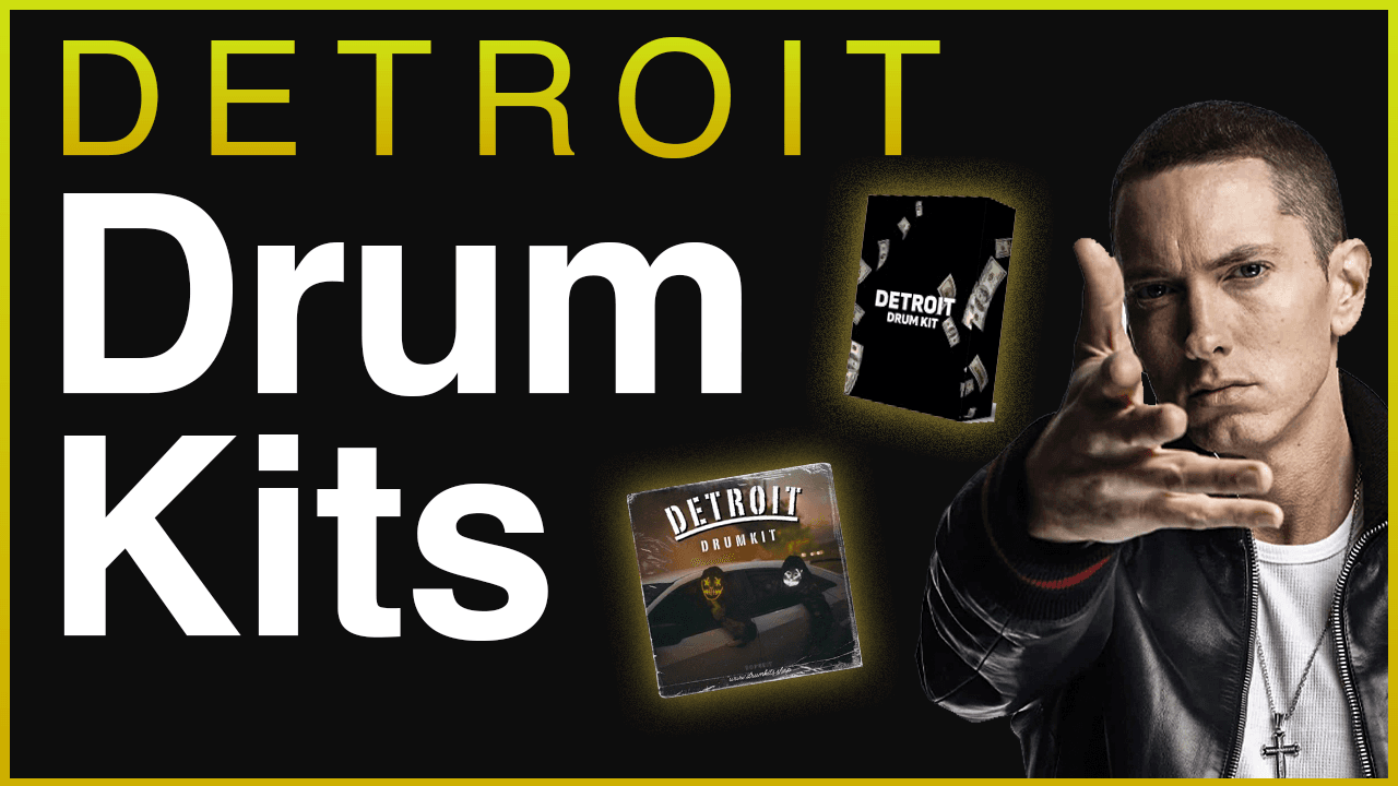 Detroit Drum Kits banner featuring Eminem and product kit box illustrations
