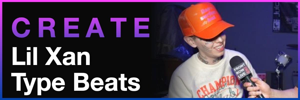 Create Lil Xan Type Beats banner featuring the rapper being interviewed wearing an orange hat