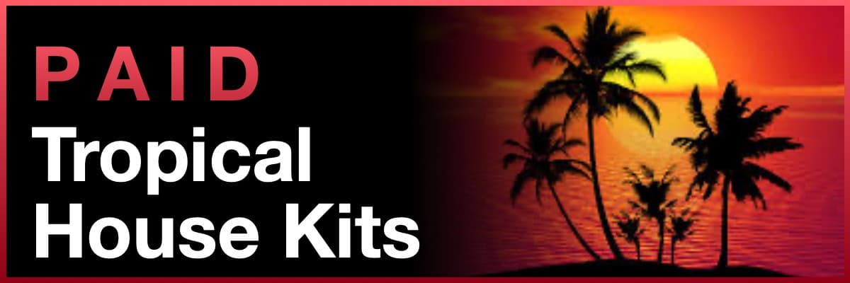 Paid Tropical House Kits banner featuring palm trees against a sunset