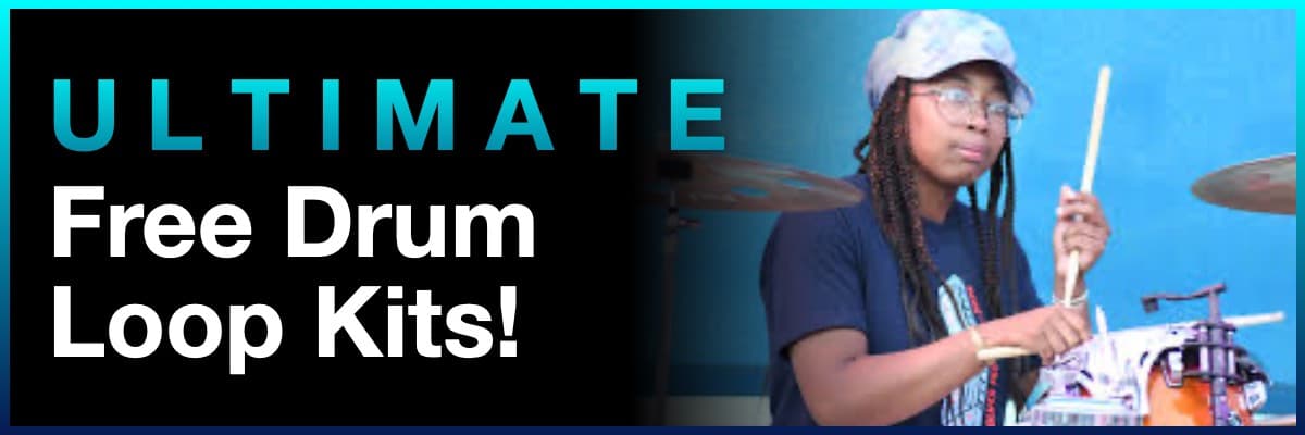 Ultimate Free Drum Loop Kits banner featuring a person playing a drum set