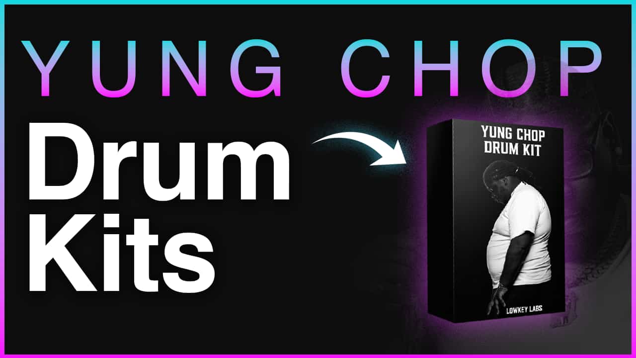 Yung Chop Drum Kits banner featuring a Lowkey Labs product box mockup